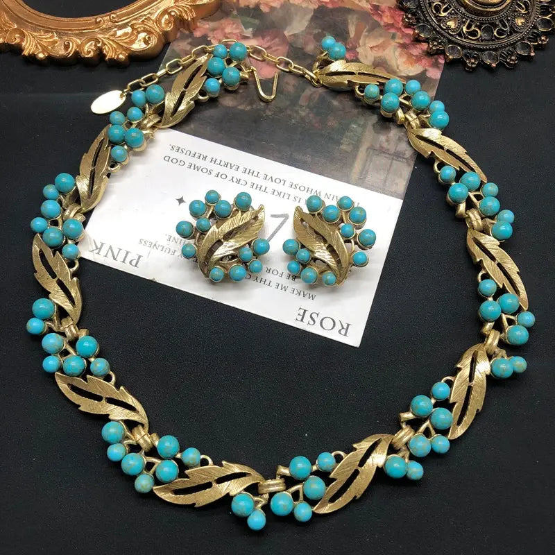 Turquoise inlaid necklace earrings antique gold jewelry set