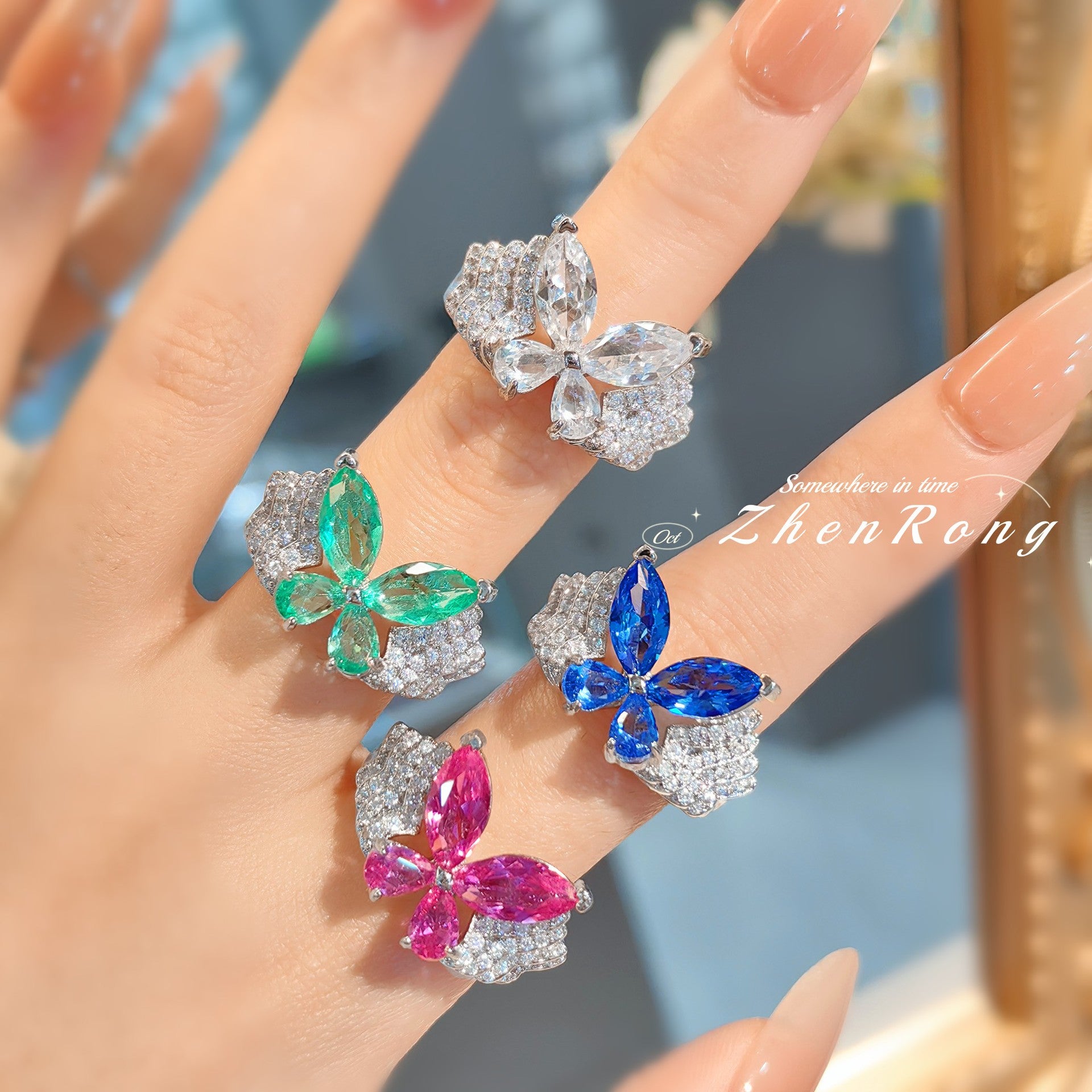 Fashion light luxury colored treasure butterfly ring