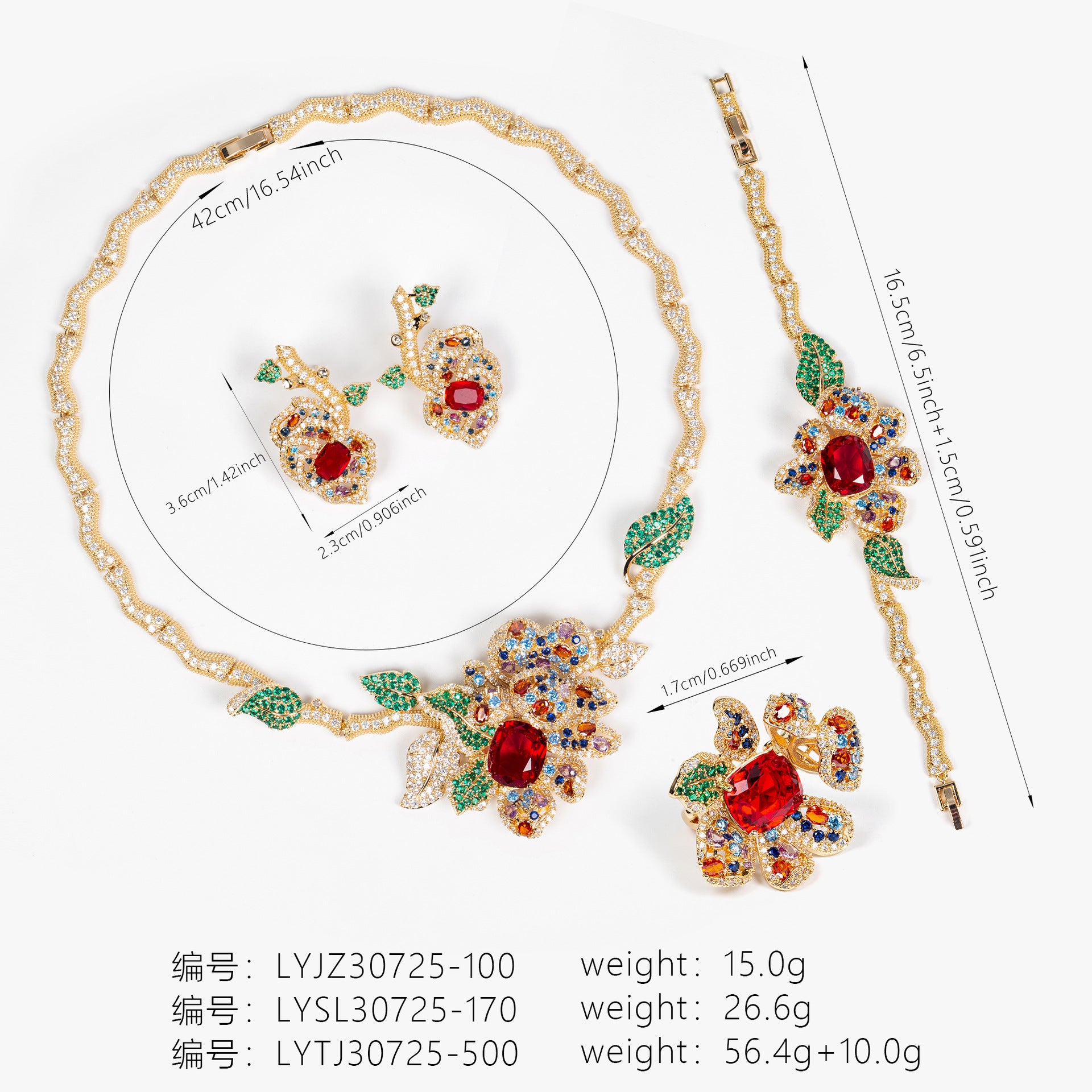 Luxury Red Gemstone Floral Jewelry Set for Women – Necklace Earrings Bracelet and Ring