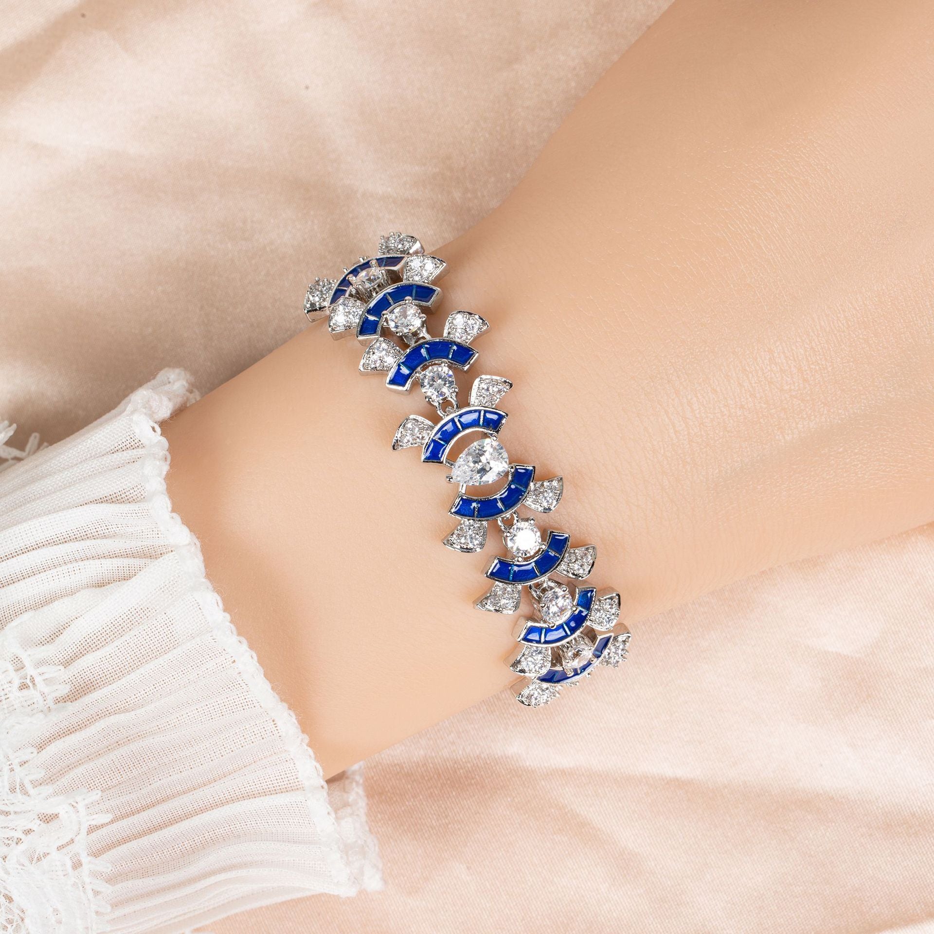 Luxury Ruby Red Crystal Bracelet – Silver Tone Fan Shape Statement Jewelry for Women