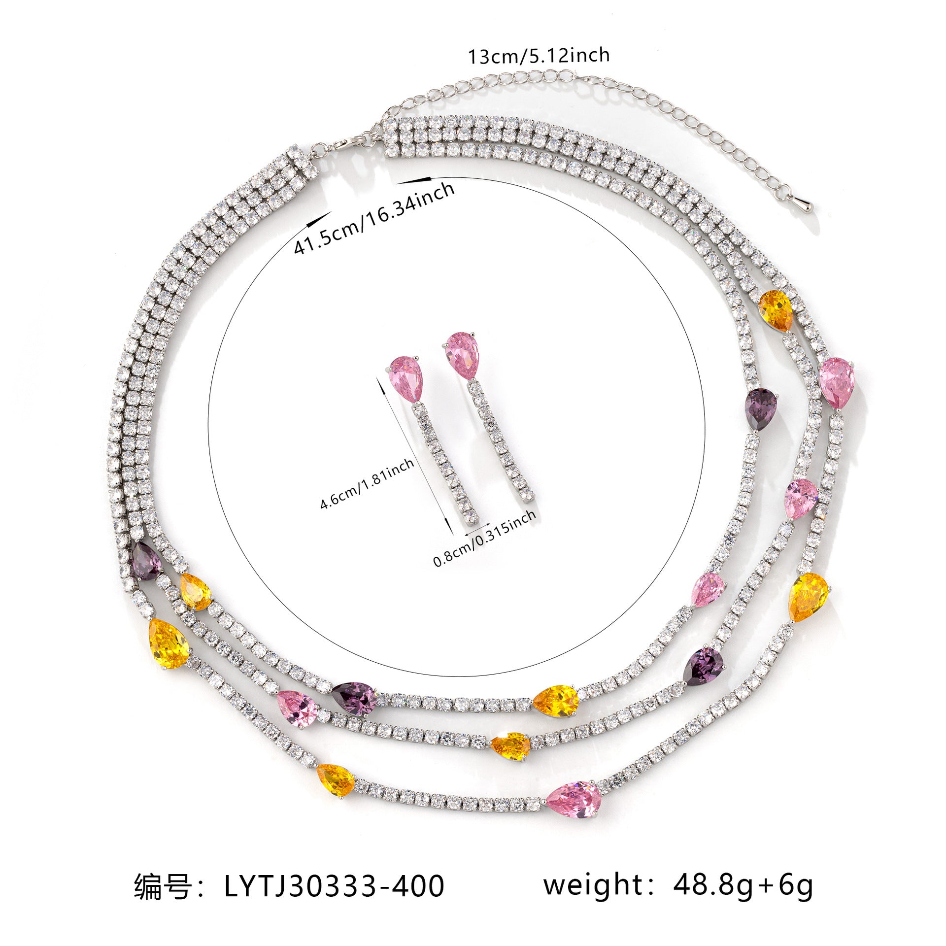 Luxury Multilayer Crystal Necklace Set with Pink Purple Yellow Teardrop Stones – Statement Jewelry for Women