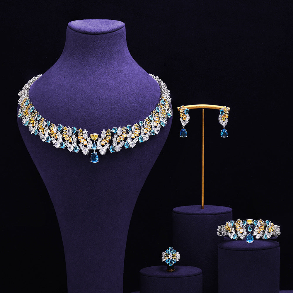 Luxury Blue Yellow Crystal Bridal Jewelry Set – Necklace Earrings Ring Tiara Set