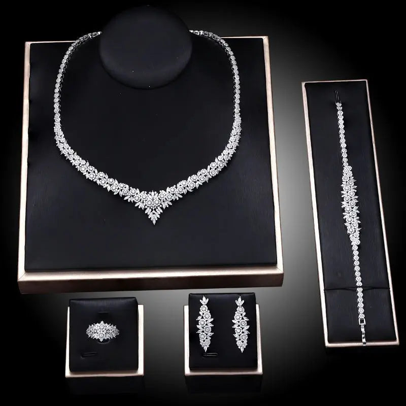Luxury Gold Crystal Floral Jewelry Set Necklace Earrings Ring Bracelet Bridal Wedding Statement Jewelry for Women