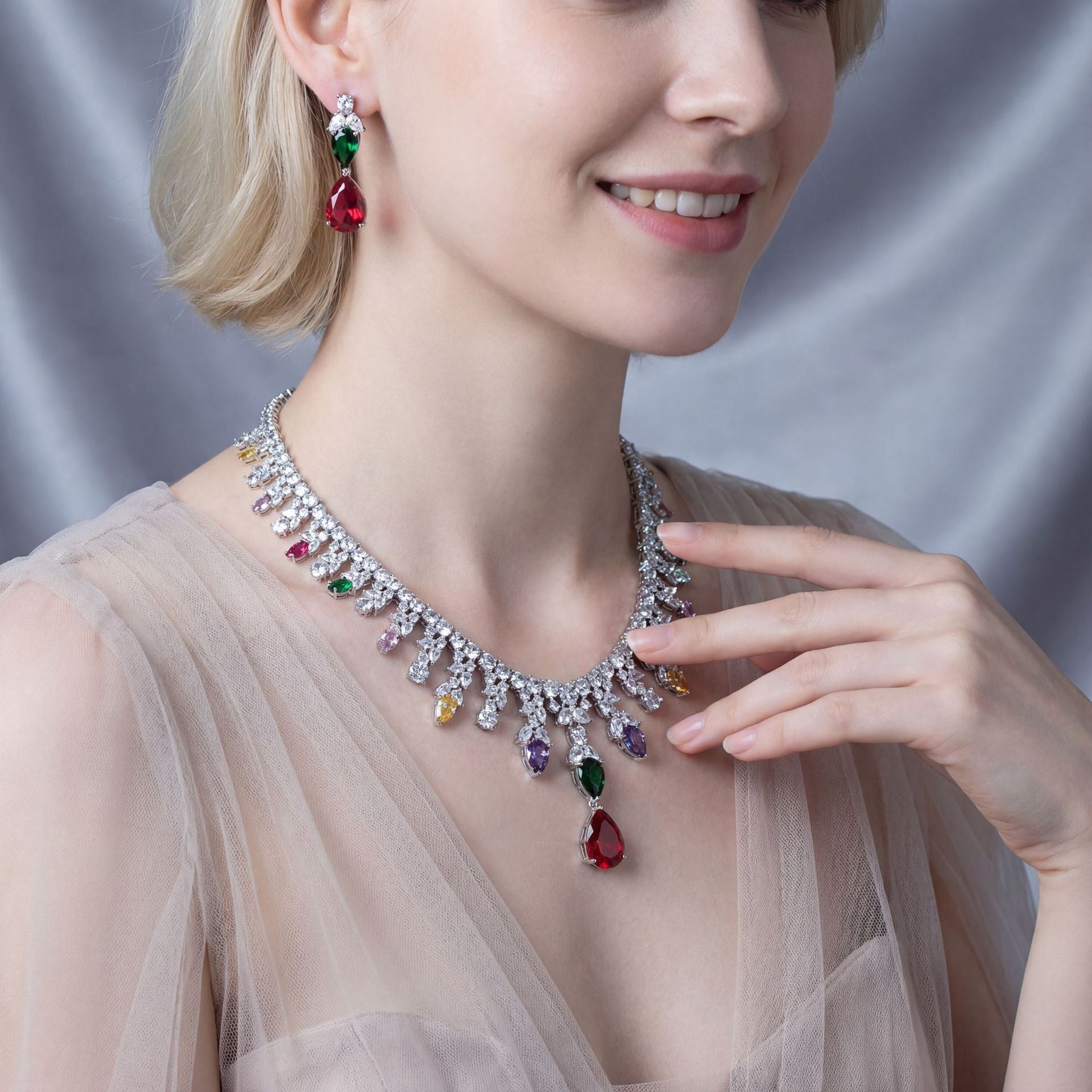Luxury Multicolor Gemstone Statement Necklace Set for Women – Floral Jewelry with Matching Earrings