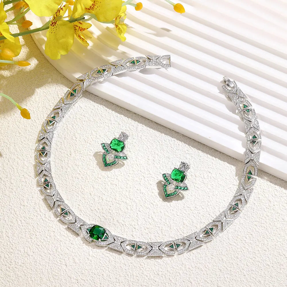Luxury Green Crystal Geometric Necklace Set Silver Tone Statement Jewelry Set Earrings for Women