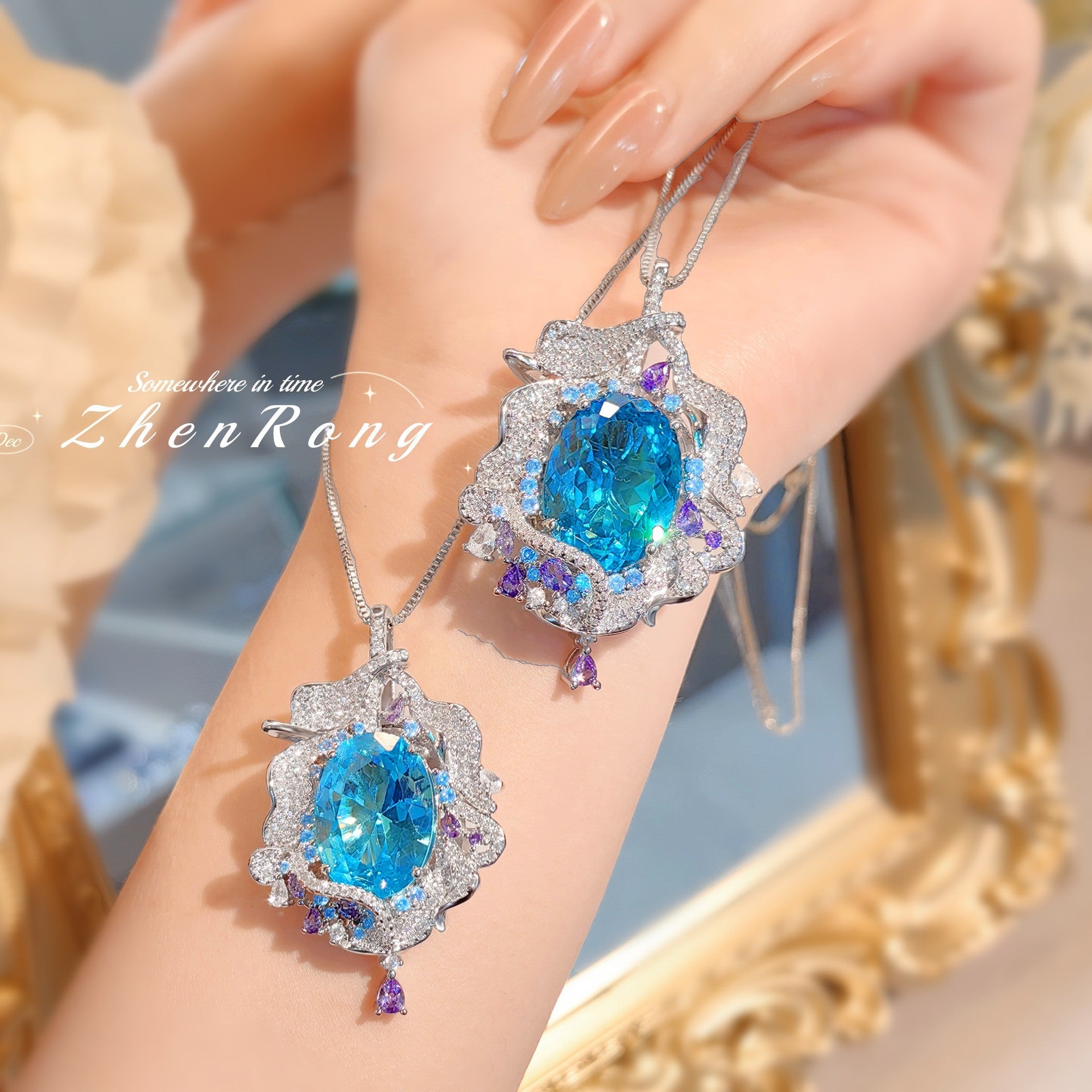 Fashion Shining Sea Blue Large Carat Gemstone Necklace