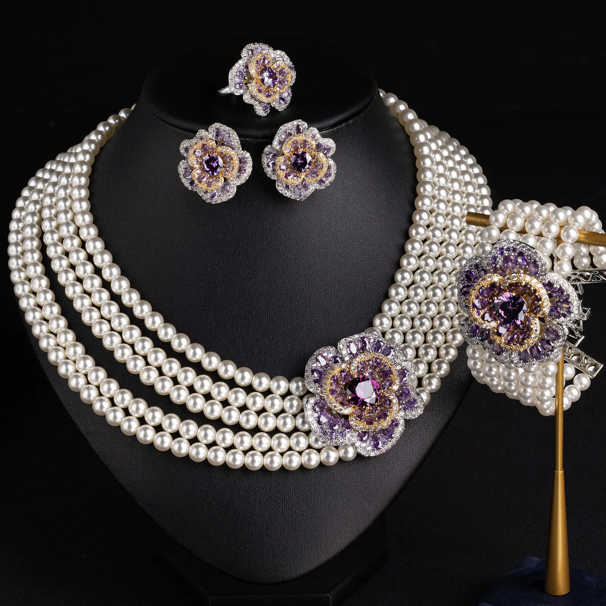 Elegant Pearl Floral Jewelry Set – Luxury Necklace Earrings Bracelet for Women
