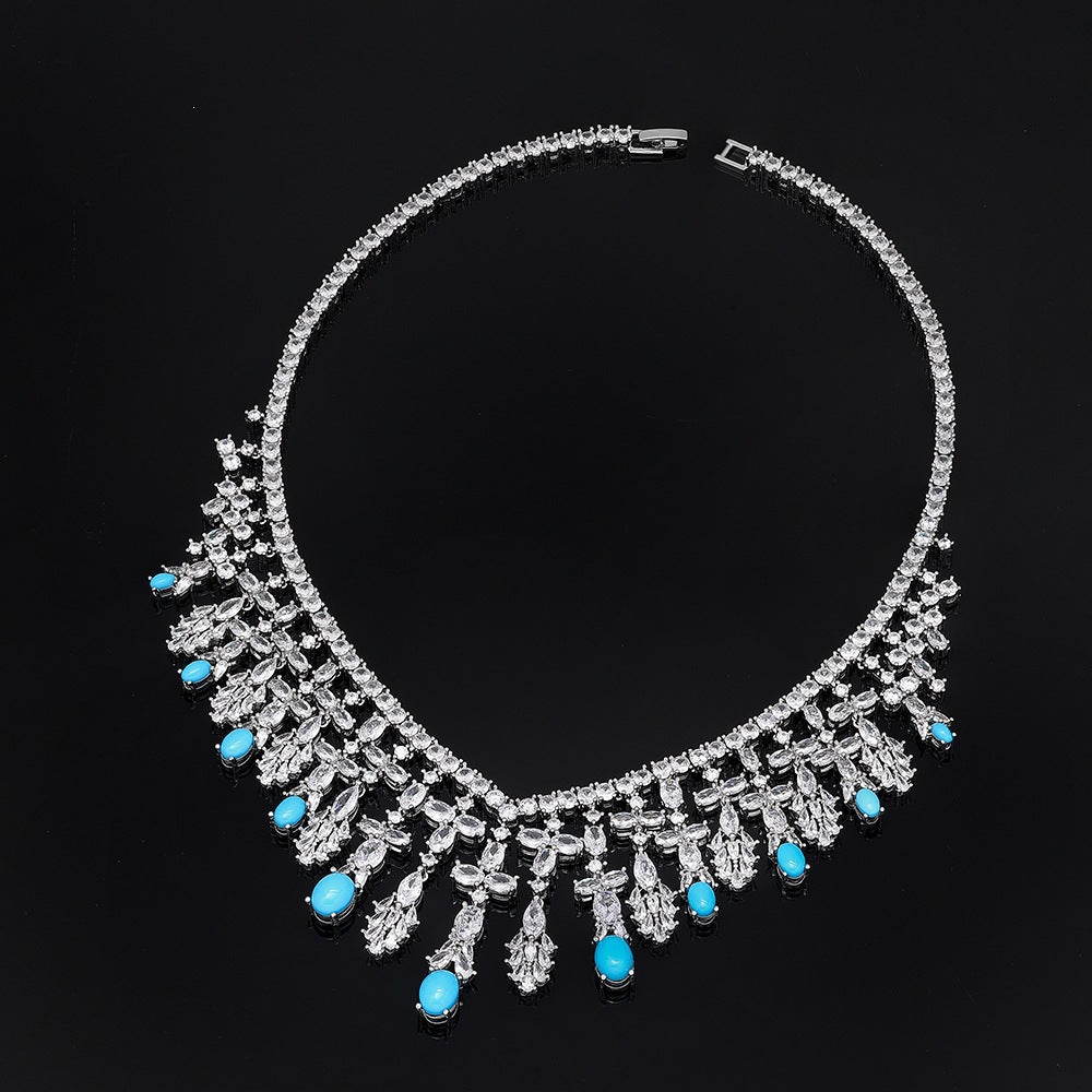 Luxury Silver Crystal Turquoise Blue Jewelry Set Necklace Earrings Ring Bracelet Bridal Wedding Statement Set for Women