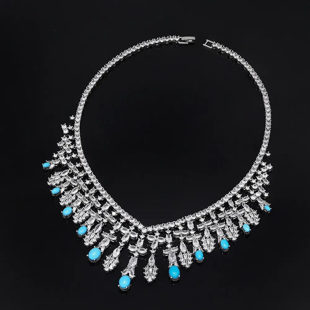 Luxury Silver Crystal Turquoise Blue Jewelry Set Necklace Earrings Ring Bracelet Bridal Wedding Statement Set for Women
