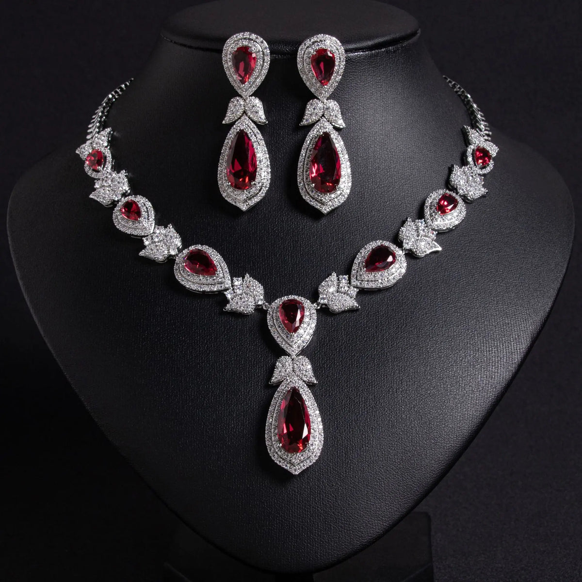 Luxury Red Teardrop Crystal Necklace and Earrings Jewelry Set for Women