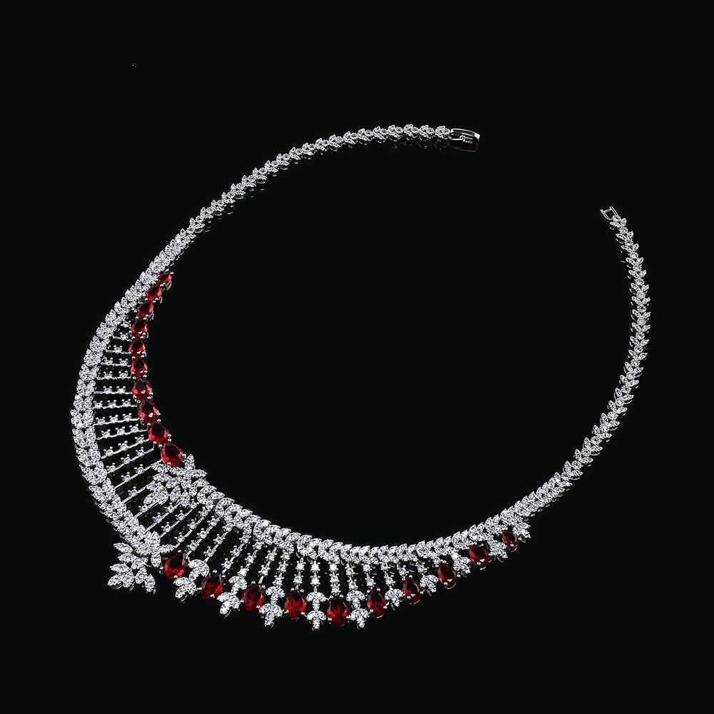Luxury Red Crystal Tassel Jewelry Set – Necklace Earrings Bracelet Ring for Women
