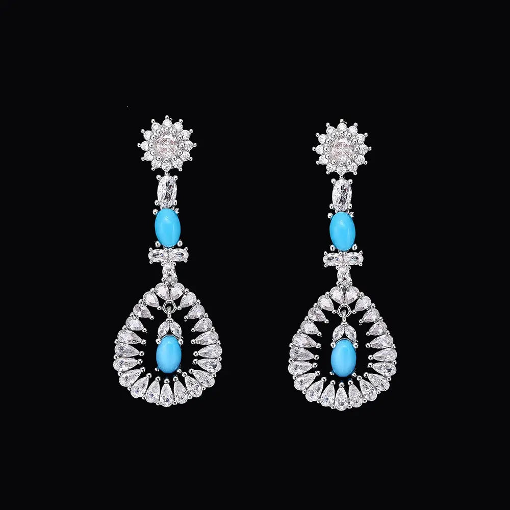 Luxury Silver Crystal Turquoise Blue Jewelry Set Necklace Earrings Ring Bracelet Bridal Wedding Statement Set for Women