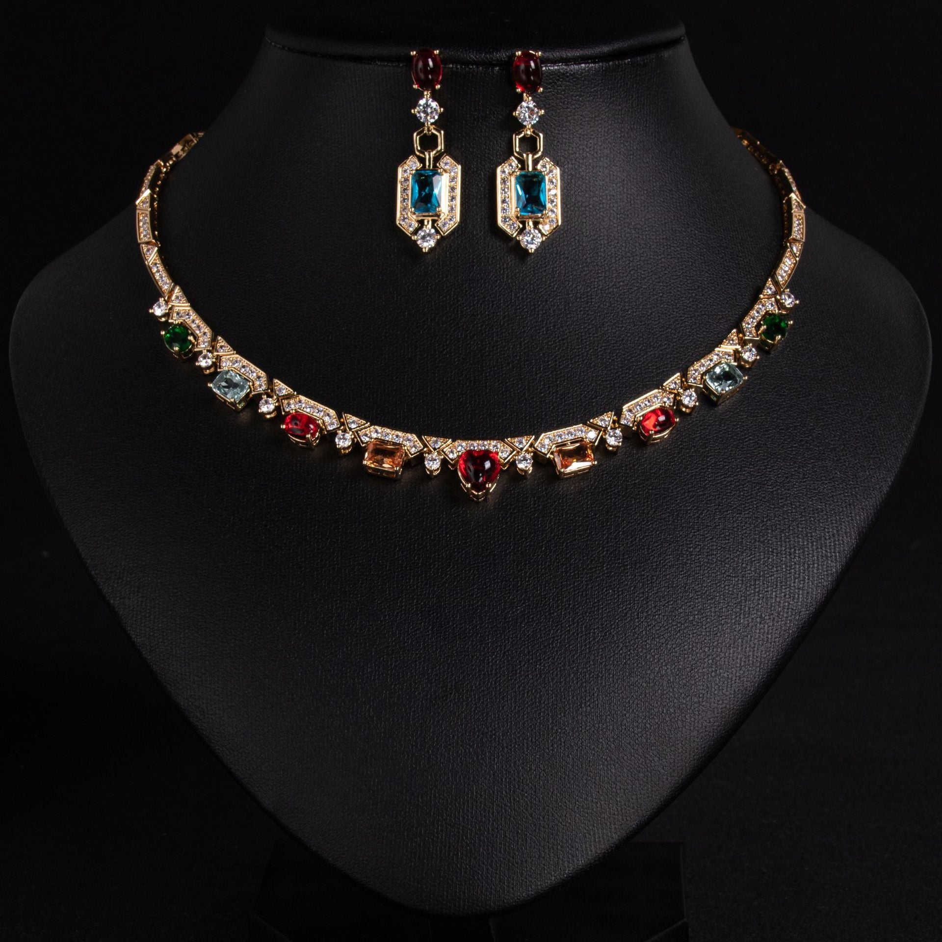 Luxury Multicolor Crystal Necklace and Earrings Jewelry Set