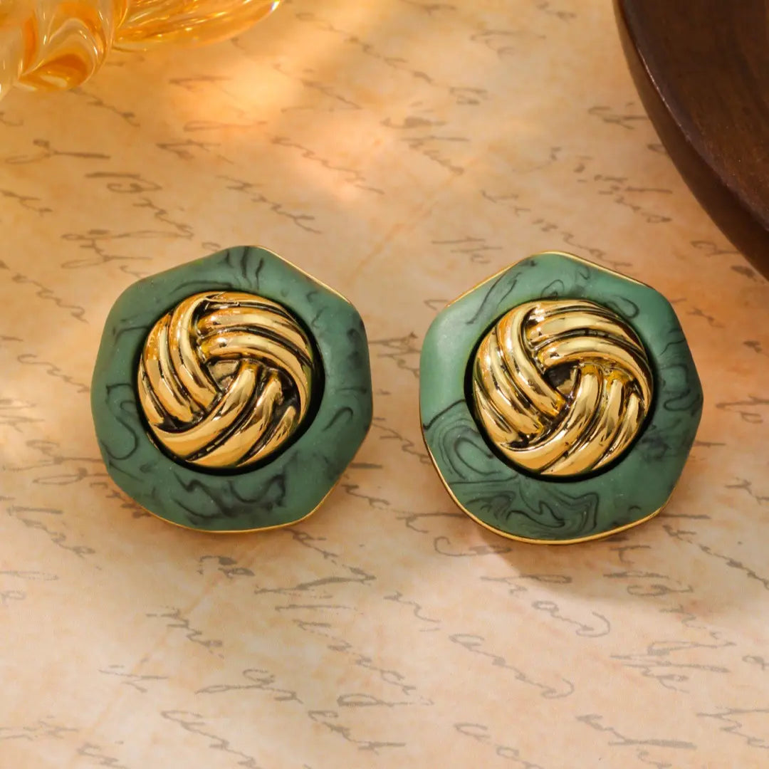 Boucles d'oreilles vintage à boutons turquoise en or ancien, boucles d'oreilles tridimensionnelles en argent