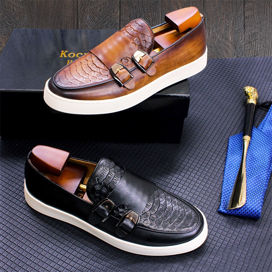 Fashion Versatile Double Buckle Casual Leather Loafers