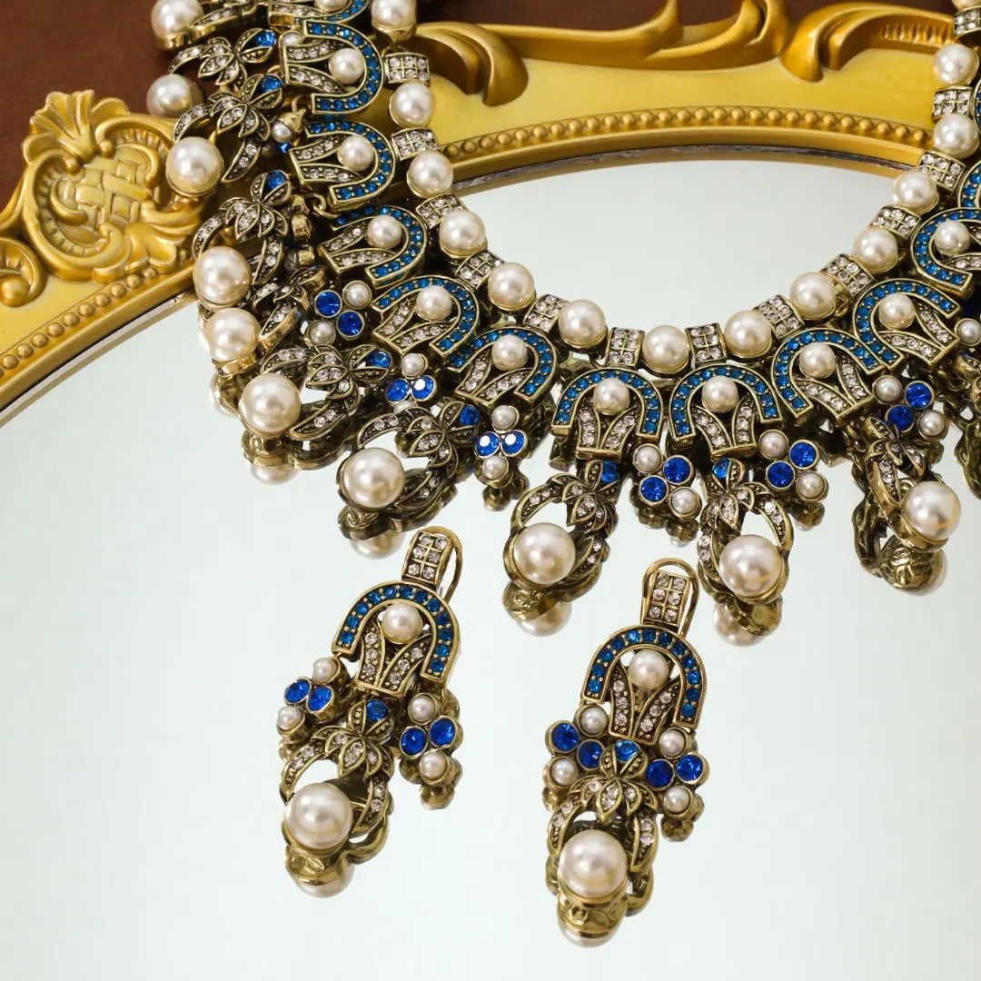 Boucles d'oreilles collier à franges de perles, ensemble médiéval, boucles d'oreilles collier