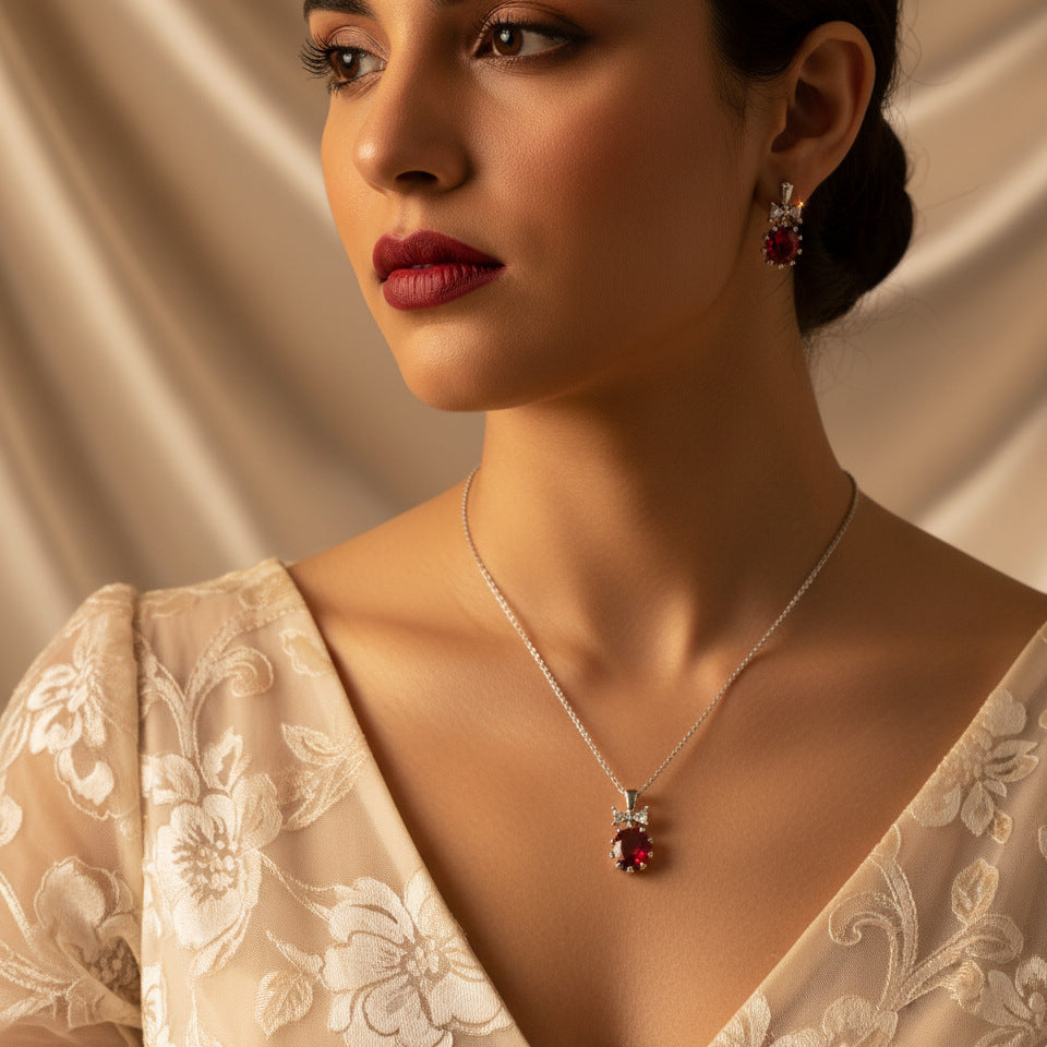Elegant Ruby Red Crystal Necklace Earrings Set – Silver Bow Jewelry for Women