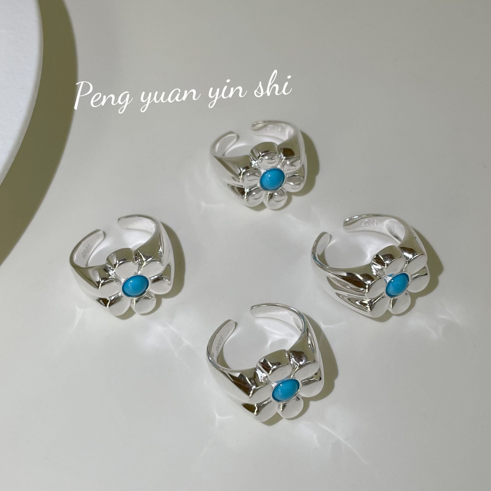 S925 Sterling Silver Blue Turquoise Daisy Ring
