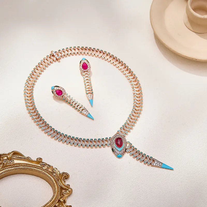 Luxury Rose Gold Statement Jewelry Set Snake Design Necklace Earrings with Ruby Blue Enamel Accent for Women