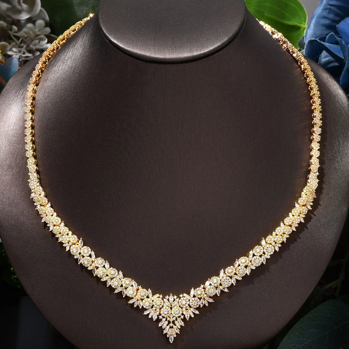 Luxury Gold Crystal Floral Jewelry Set Necklace Earrings Ring Bracelet Bridal Wedding Statement Jewelry for Women