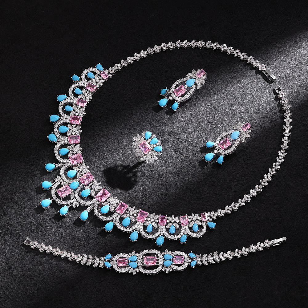Luxury Pink and Turquoise Crystal Necklace Earrings Bracelet Ring Jewelry Set