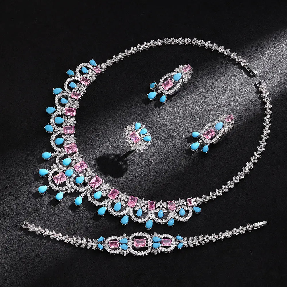 Schmuckset Luxus Rosa Türkis Kristall Halskette Ohrringe Armband Ring