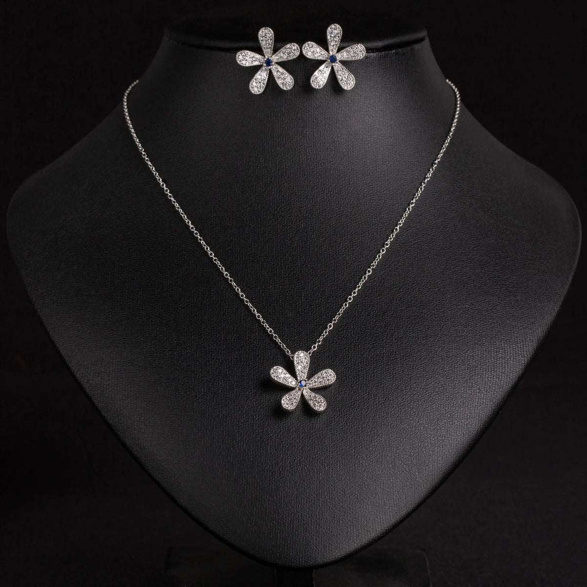 Elegant Silver Floral Crystal Necklace and Earrings Jewelry Set