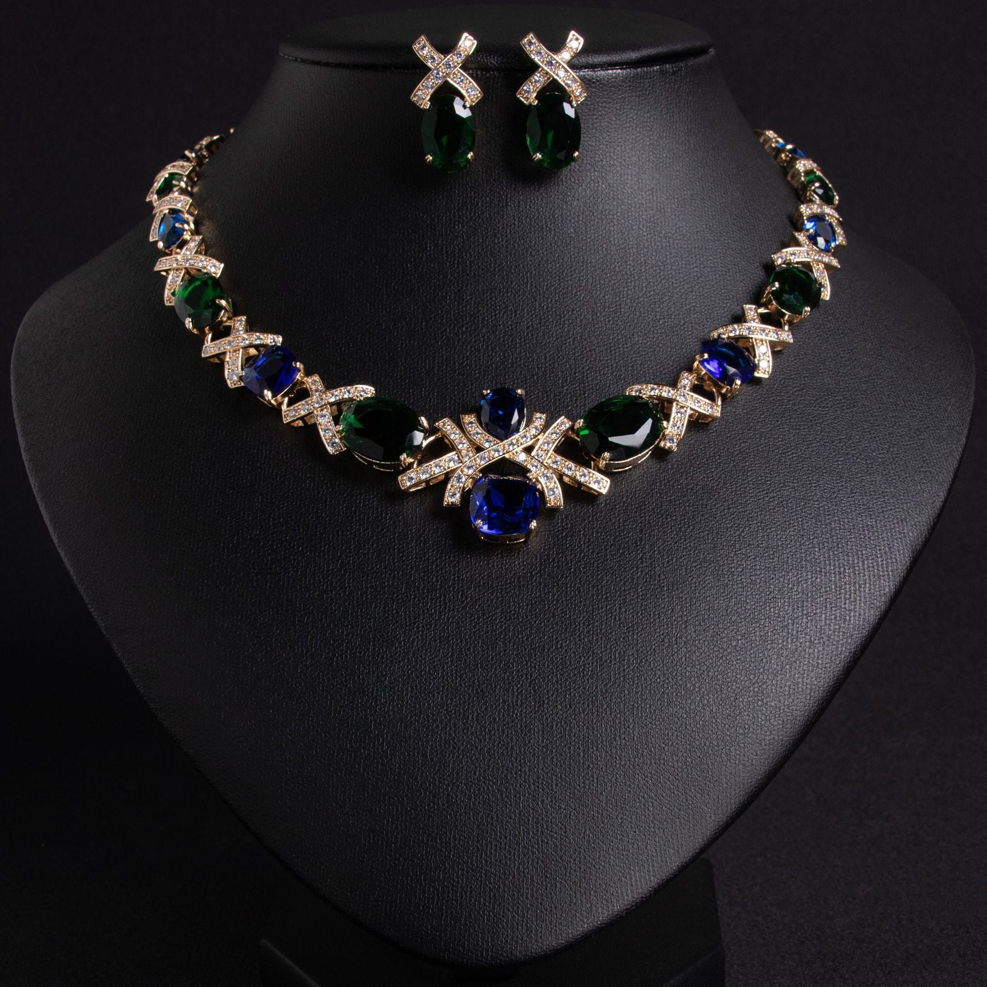 Luxury Blue Green Crystal Necklace and Earrings Jewelry Set