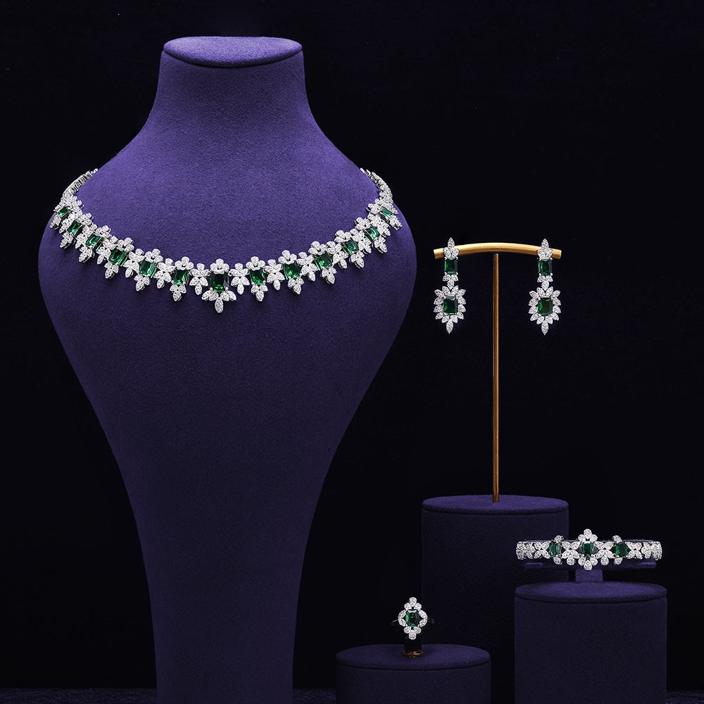 Luxury Emerald Green Crystal Jewelry Set – Necklace Earrings Bracelet Ring for Women