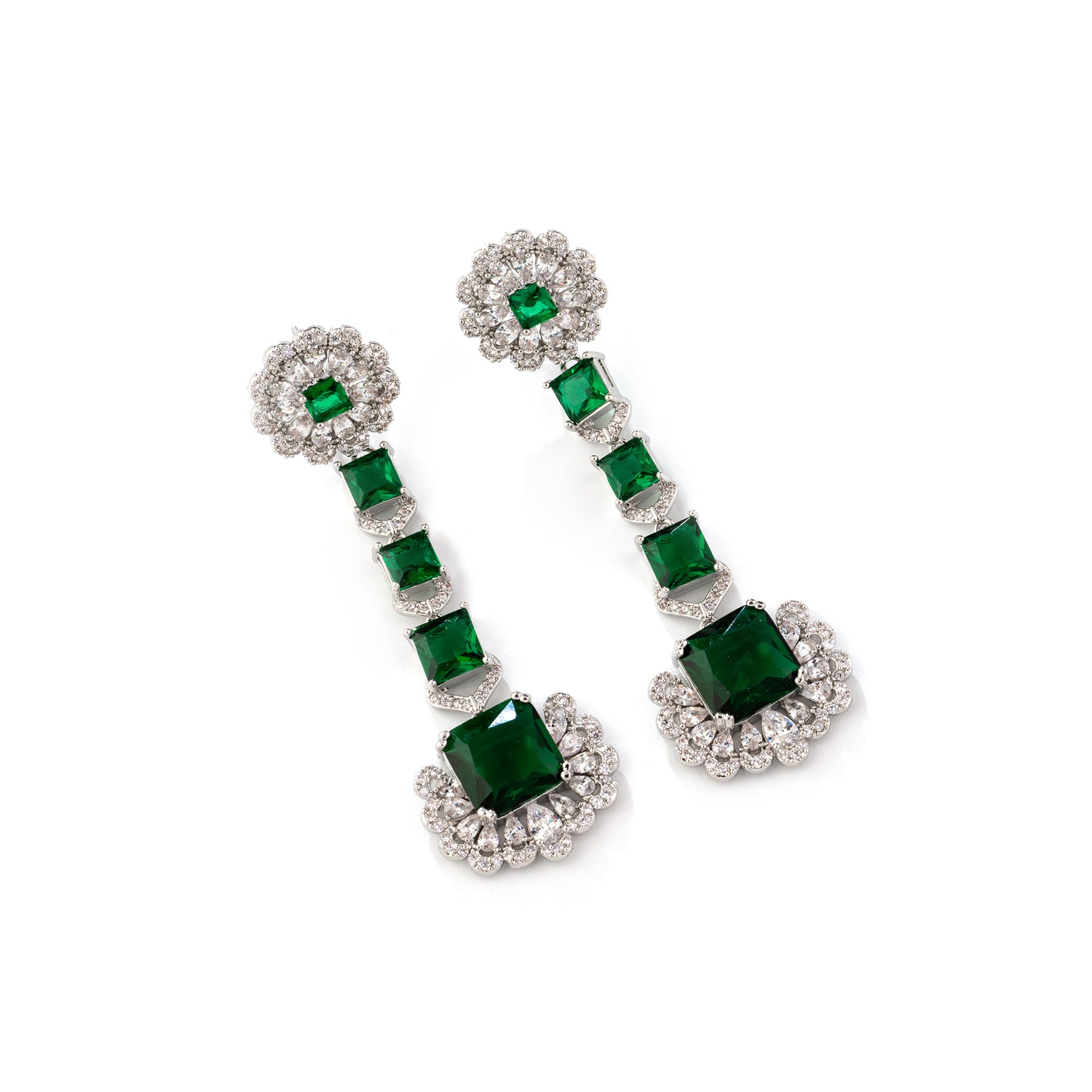 Elegant Emerald Crystal Jewelry Set – Silver Necklace Earrings for Women