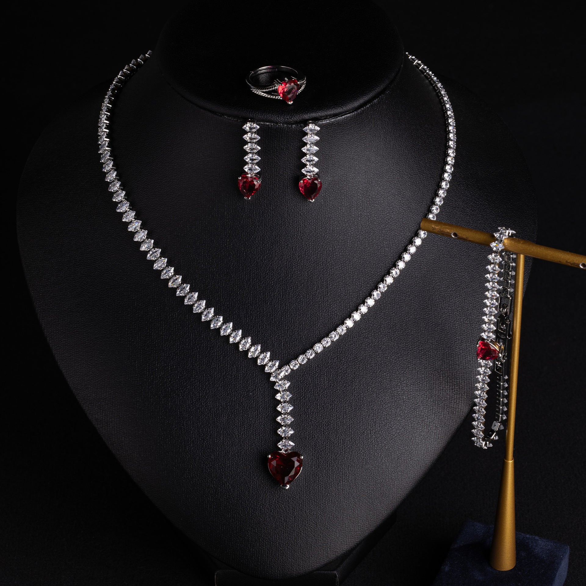 Romantic Emerald Green Jewelry Set – Heart Crystal Necklace Earrings
