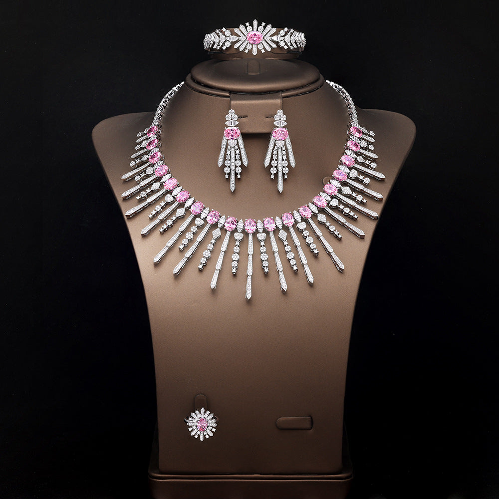 Luxury Pink Crystal Fringe Necklace Set Silver Tone Statement Jewelry Set for Women Wedding Party Jewelry
