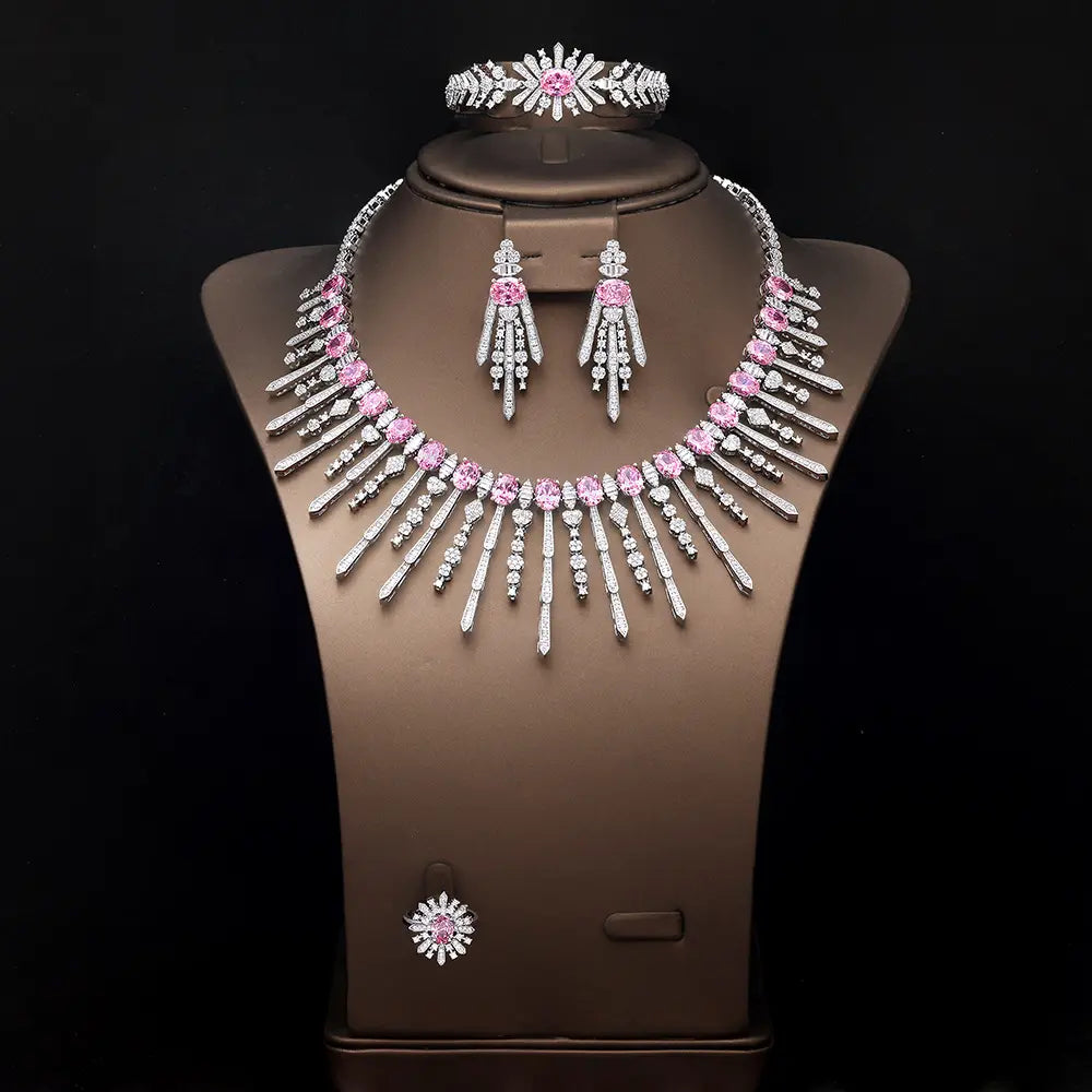 Luxury Pink Crystal Fringe Necklace Set Silver Tone Statement Jewelry Set for Women Wedding Party Jewelry