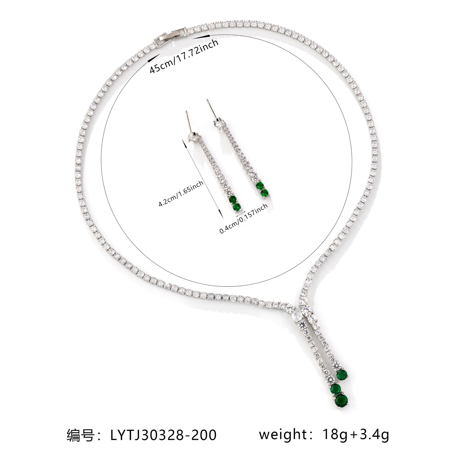 Luxury Green Crystal Drop Necklace Set – Silver Tassel Earrings Jewelry