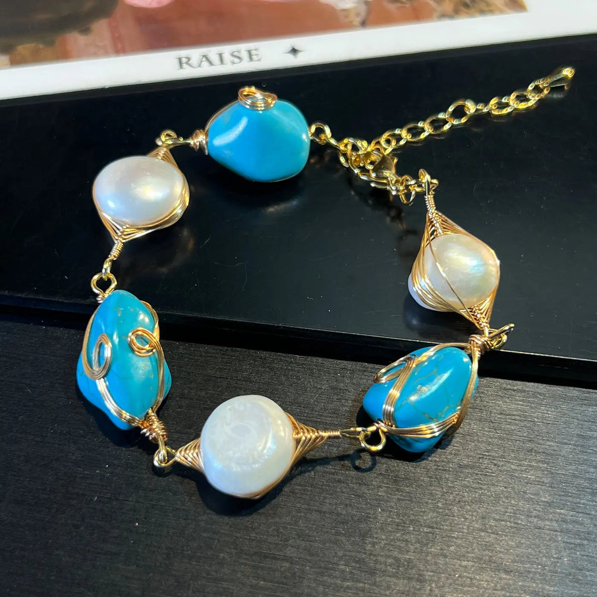 Parure Collier Boucles d'Oreilles Bracelet Broche Perles Baroques Naturelles Turquoise