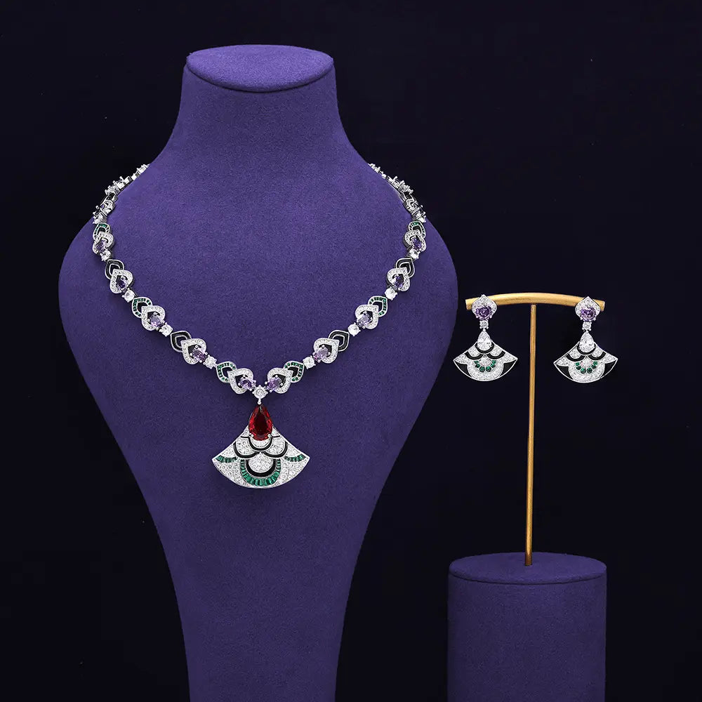Luxury Green Crystal Necklace Set Gold Plated Copper Alloy Statement Jewelry for Women