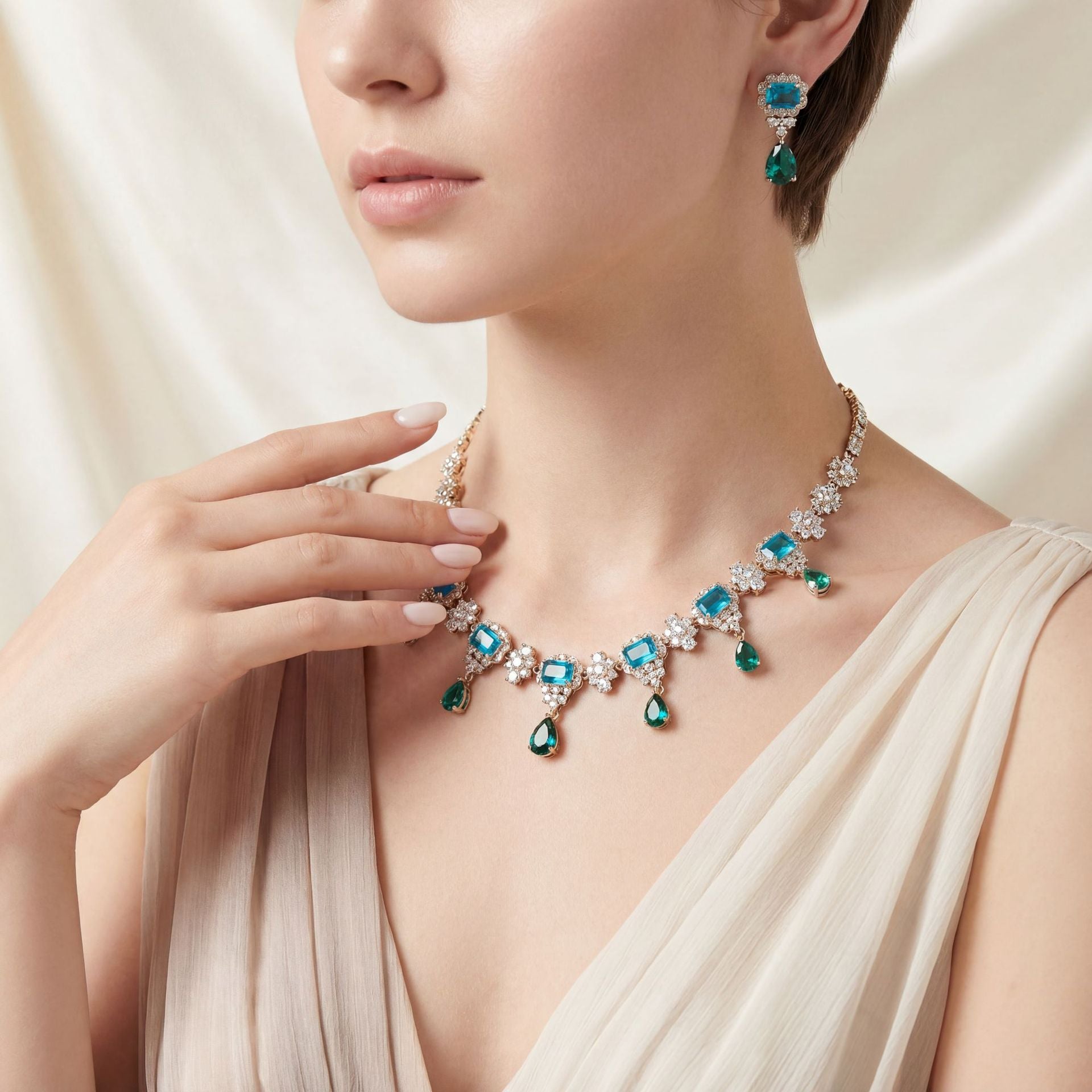 Luxury Olive Green Gemstone Necklace Set for Women – Gold Statement Jewelry with Matching Earrings
