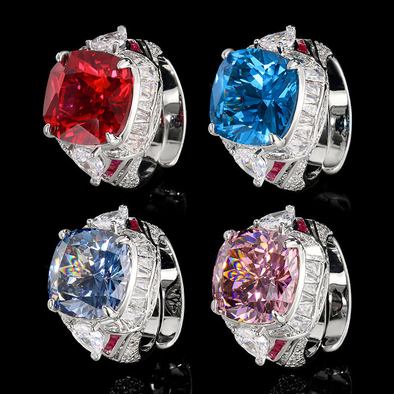 Copper silver plated red corundum square fashion ring