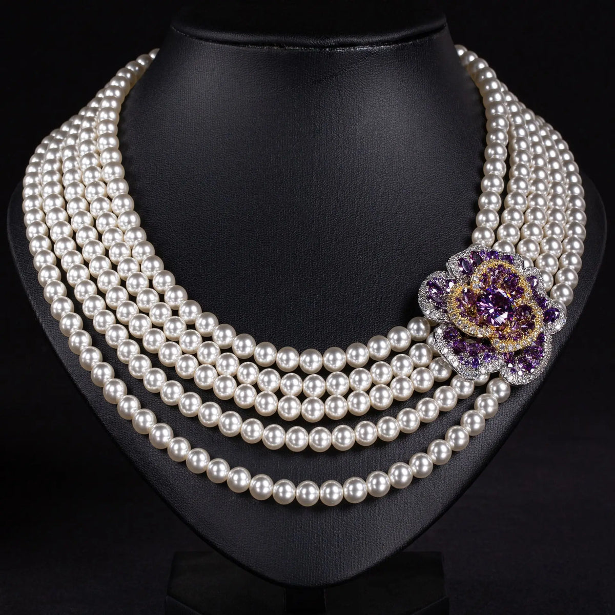Luxury Multi Strand Pearl Necklace with Emerald Flower Brooch