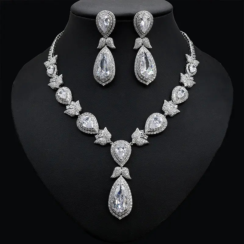 Luxury Red Teardrop Crystal Necklace and Earrings Jewelry Set for Women