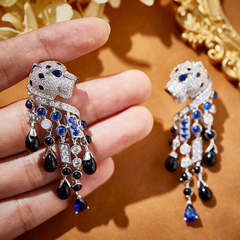 Gold-plated blue-eyed personalized leopard fringed earrings