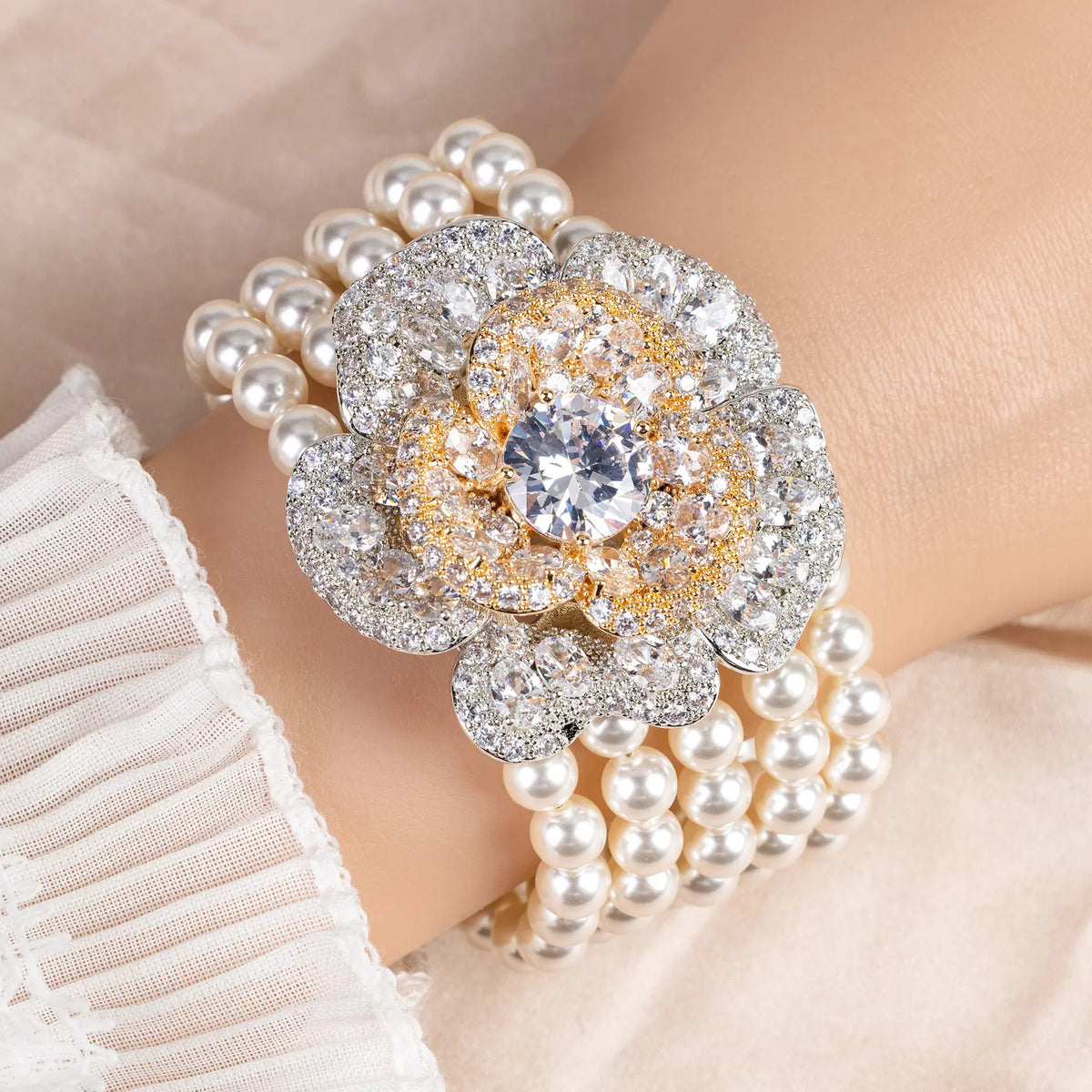 Bracelet de luxe en cristal rouge orange avec perle et fleur pour femme