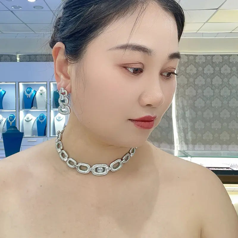 Luxury Oval Chain Diamond-Inspired Jewelry Set Necklace Earrings Elegant Statement Set for Women