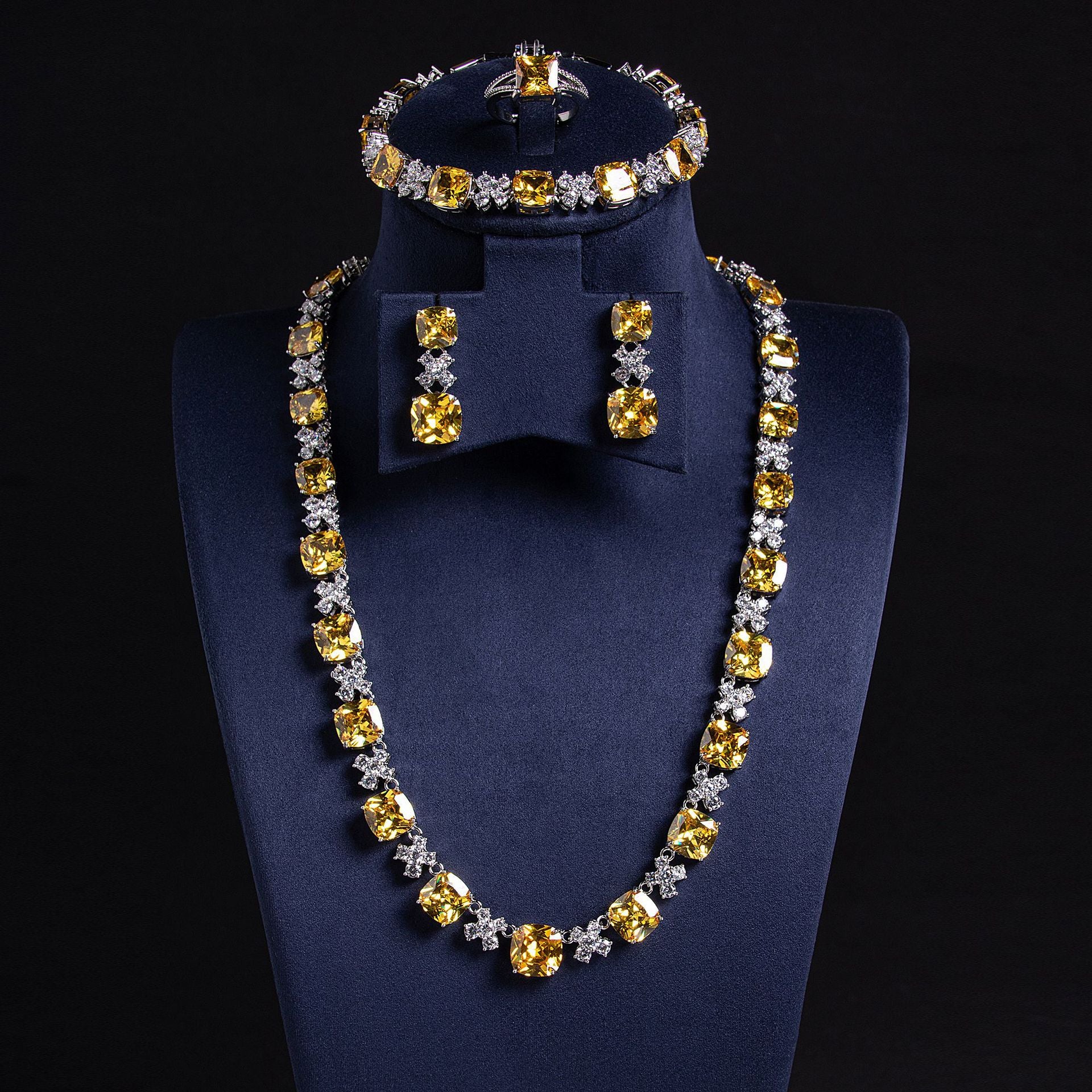 Luxury Golden Yellow Gemstone Jewelry Set for Women – Necklace Bracelet Earrings and Ring