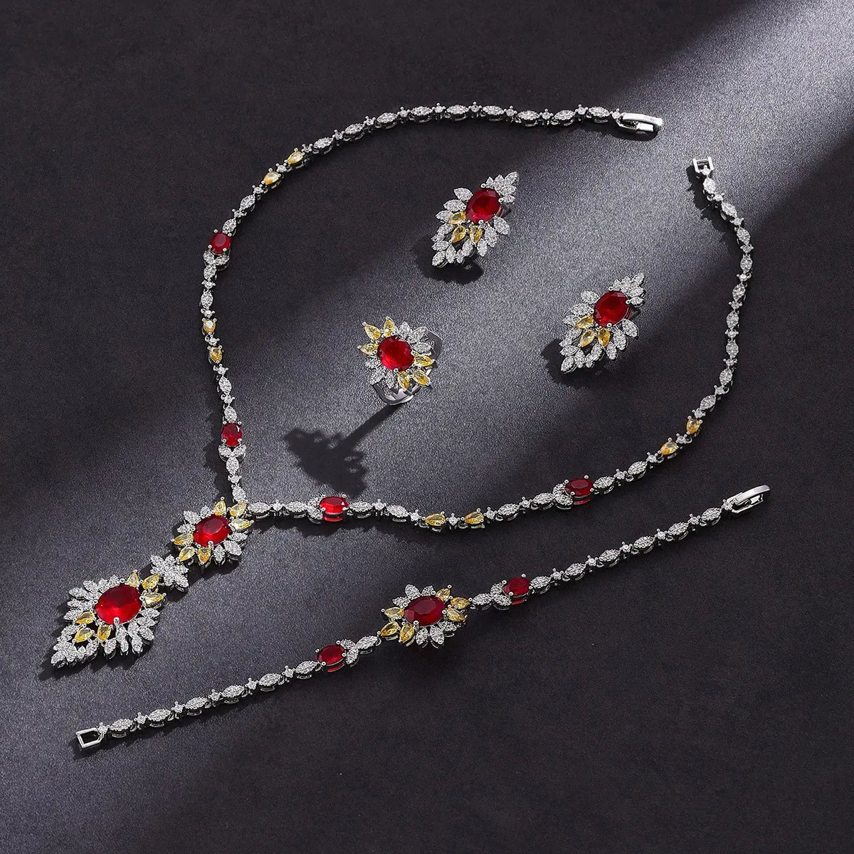 Luxury Floral Crystal Jewelry Set Orange Green Zircon Necklace Earrings Ring Silver Plated Statement Set for Women