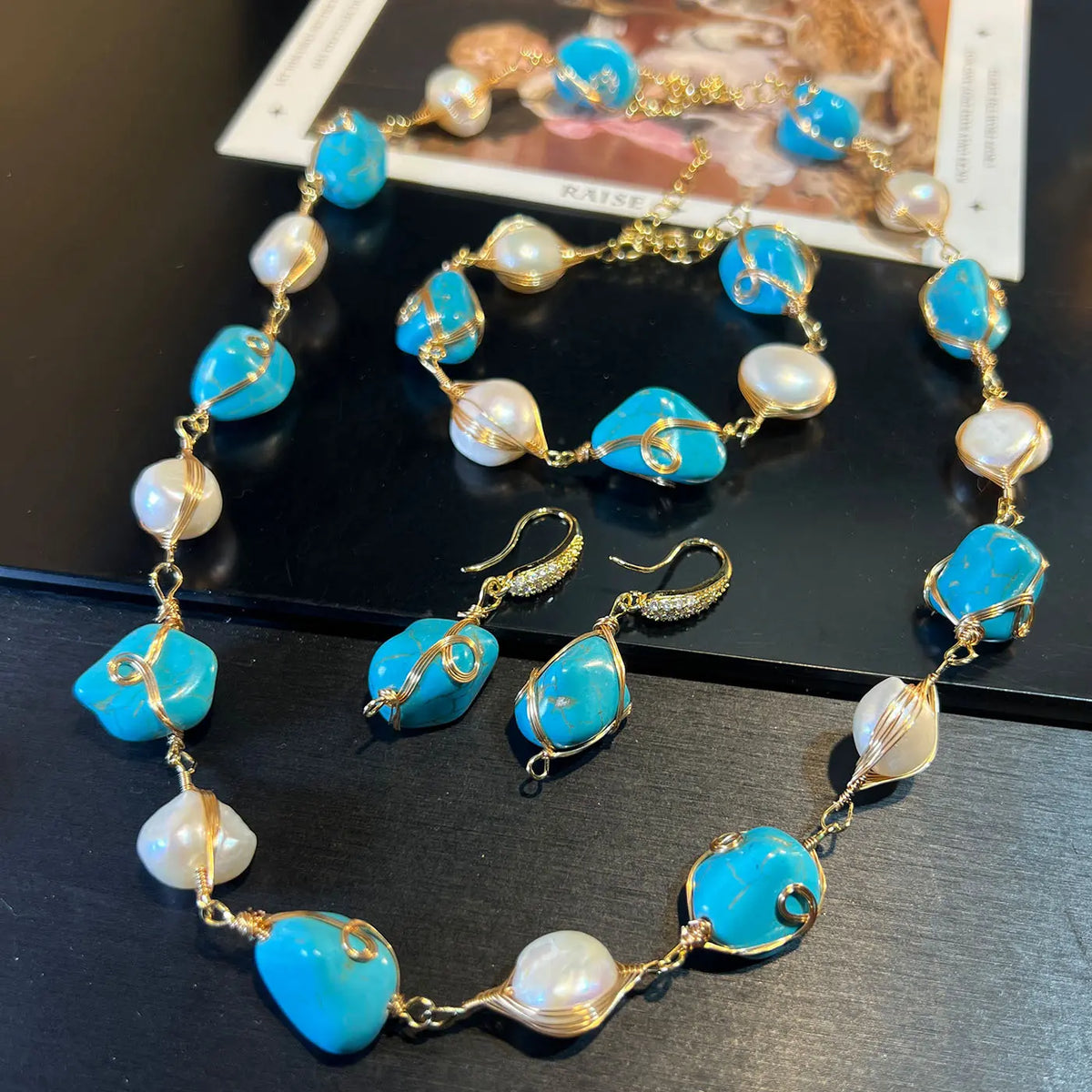 Parure Collier Boucles d'Oreilles Bracelet Broche Perles Baroques Naturelles Turquoise
