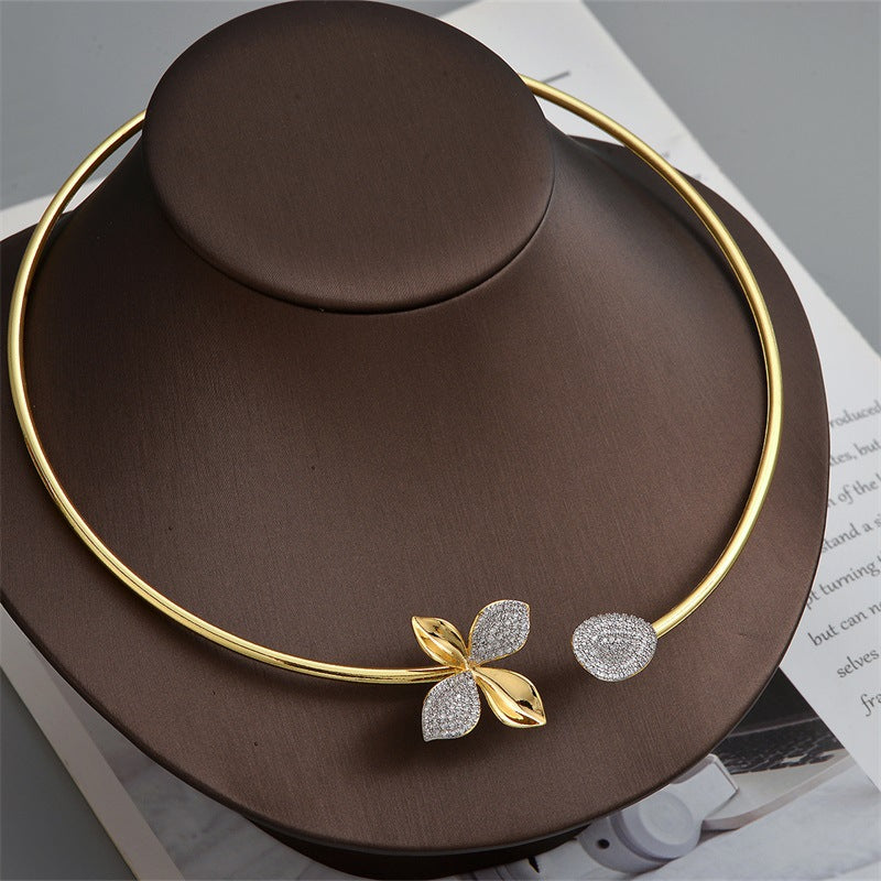 S925 Gold Plated Flower Full Diamond Necklace Set