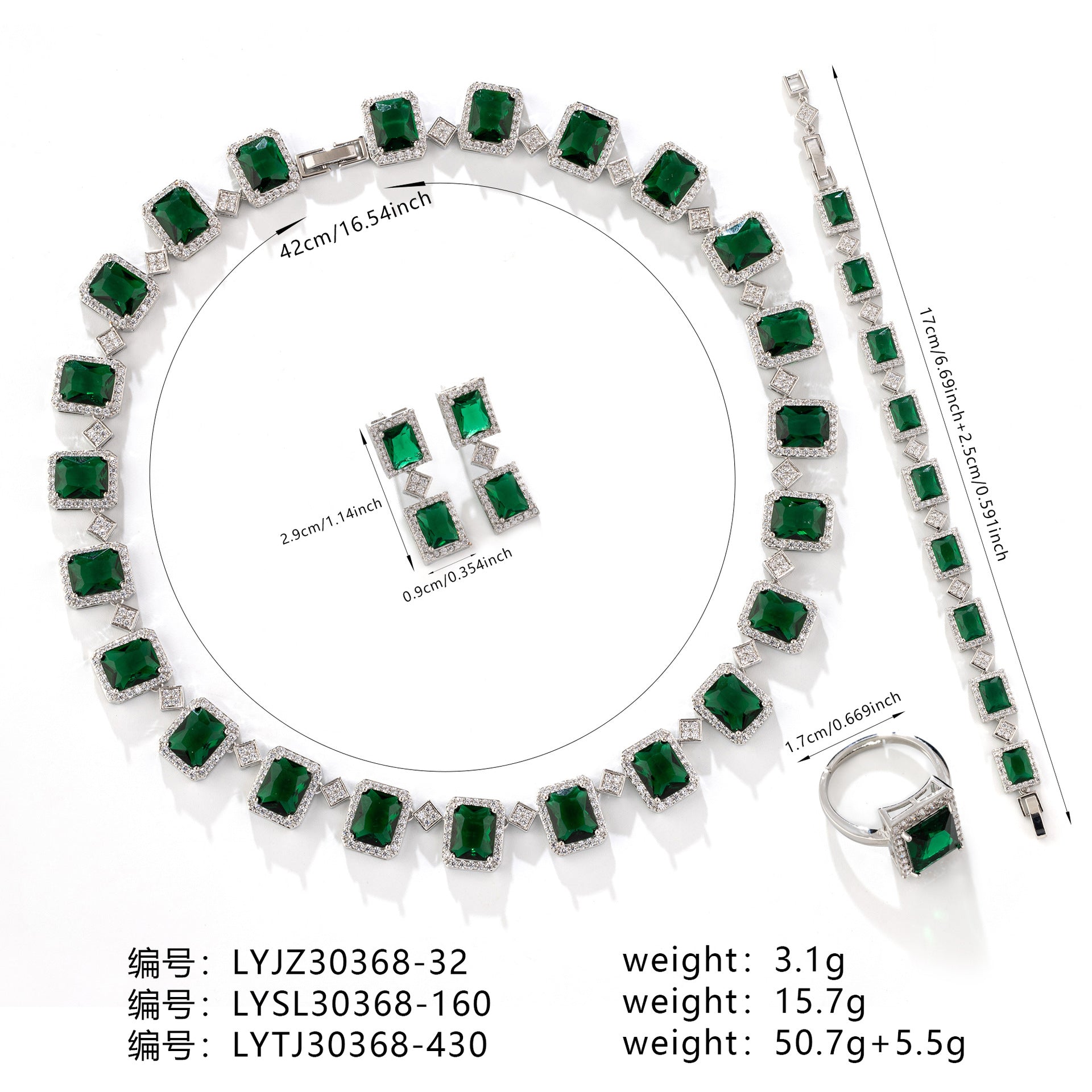 Luxury Emerald Green Square Crystal Jewelry Set – Necklace Earrings Ring for Women