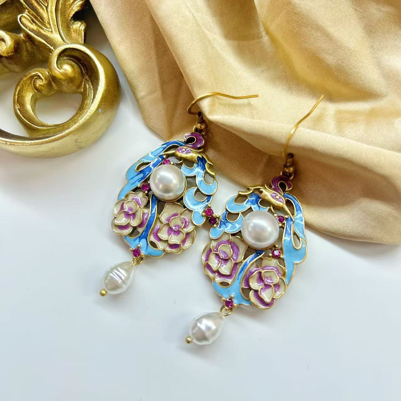 Cloisonne national style enamel colored bird court style earrings earrings