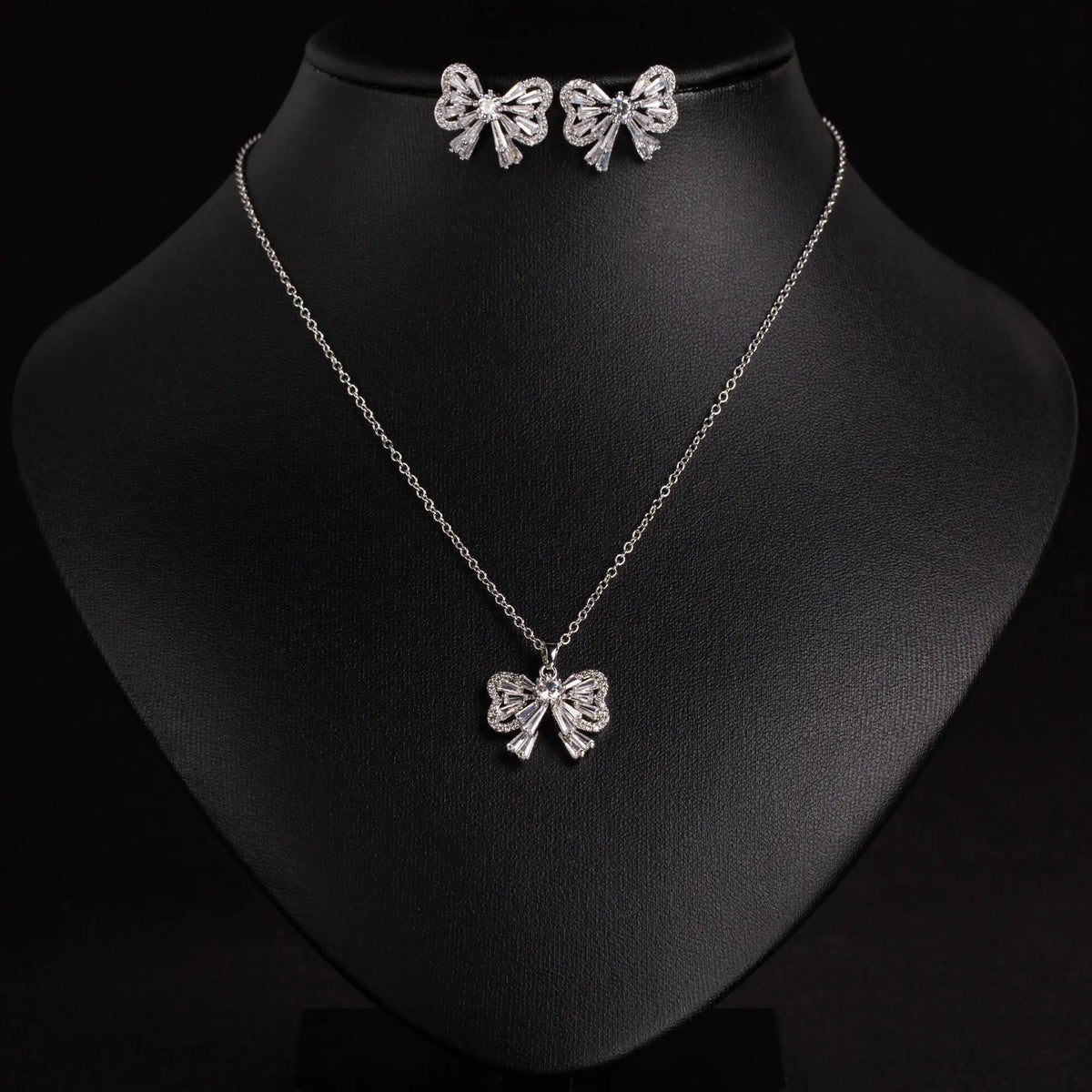 Elegant Silver Bow Crystal Necklace and Earrings Jewelry Set